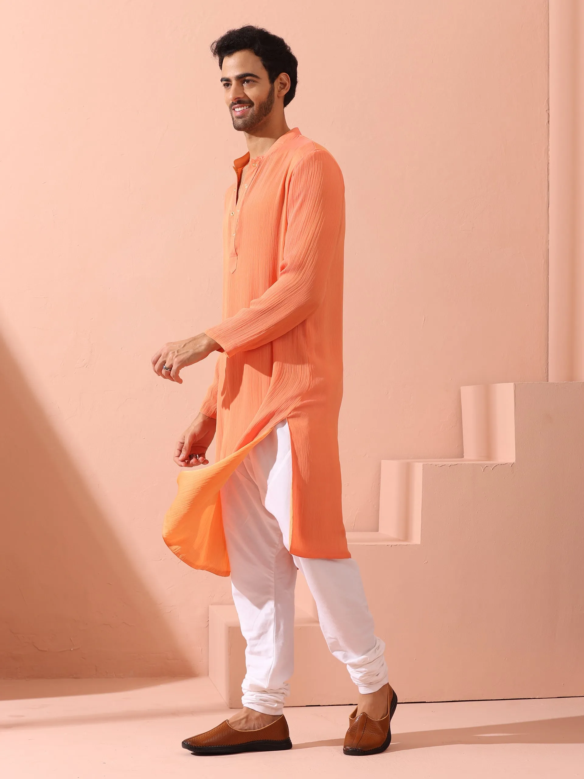 Reversible Peach & Orange Chiffon Kurta with Snaps