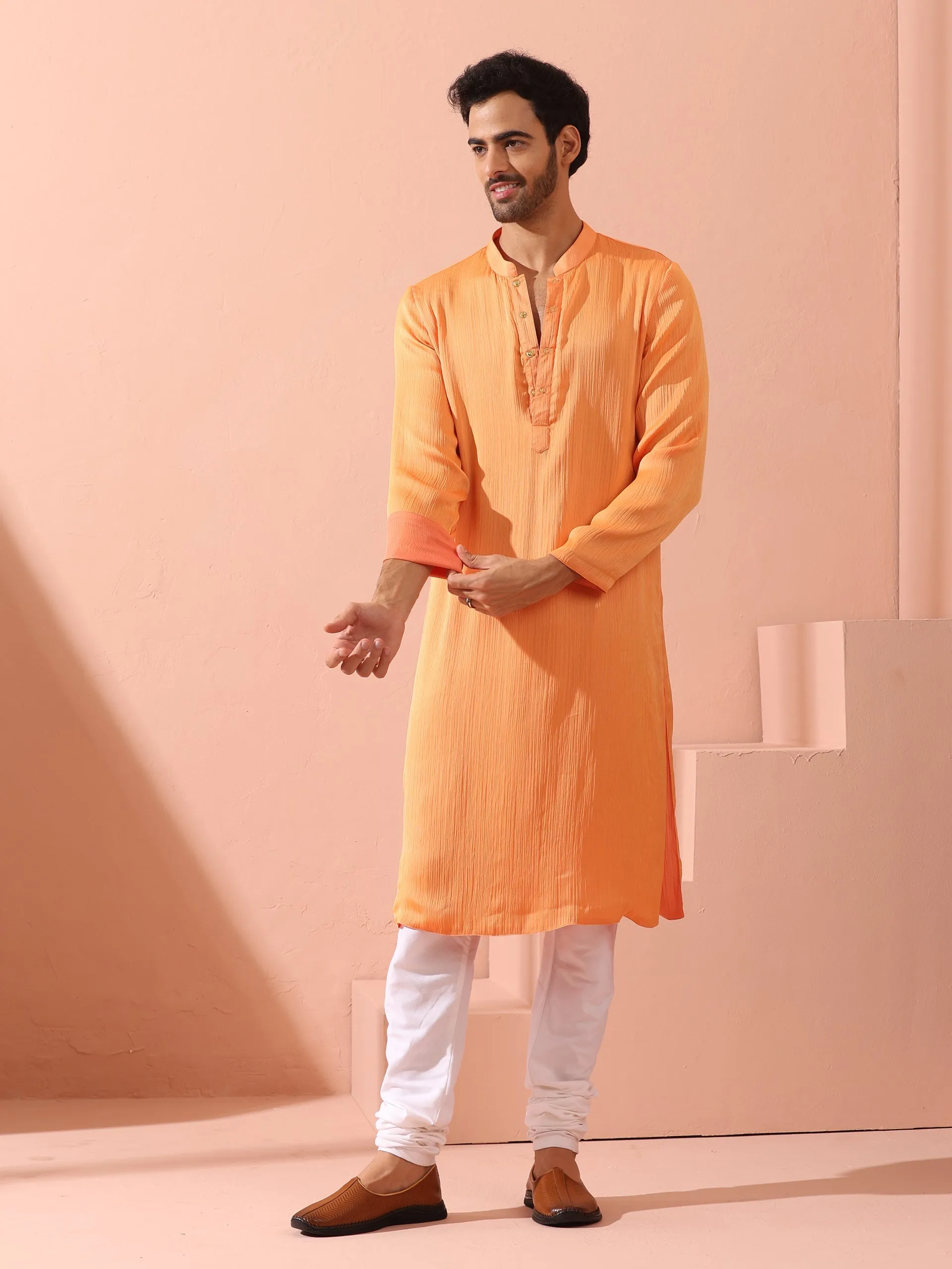 Reversible Peach & Orange Chiffon Kurta with Snaps