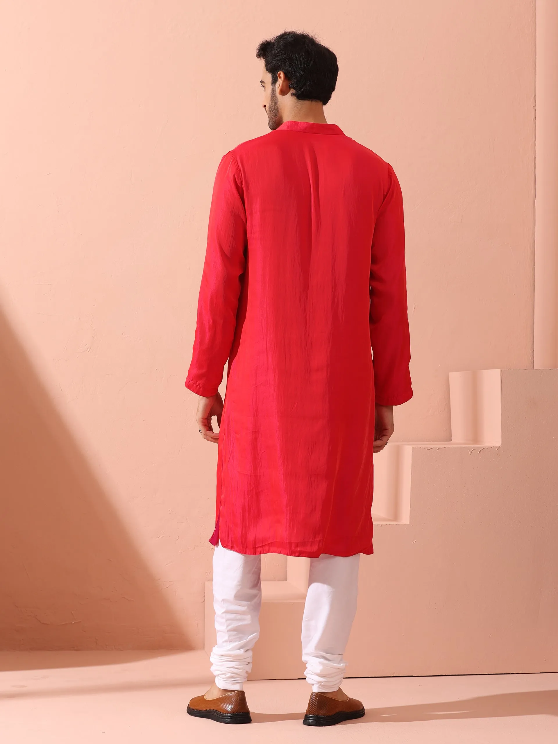 Reversible Romance and Charm Red Pink Satin Kurta With Snaps