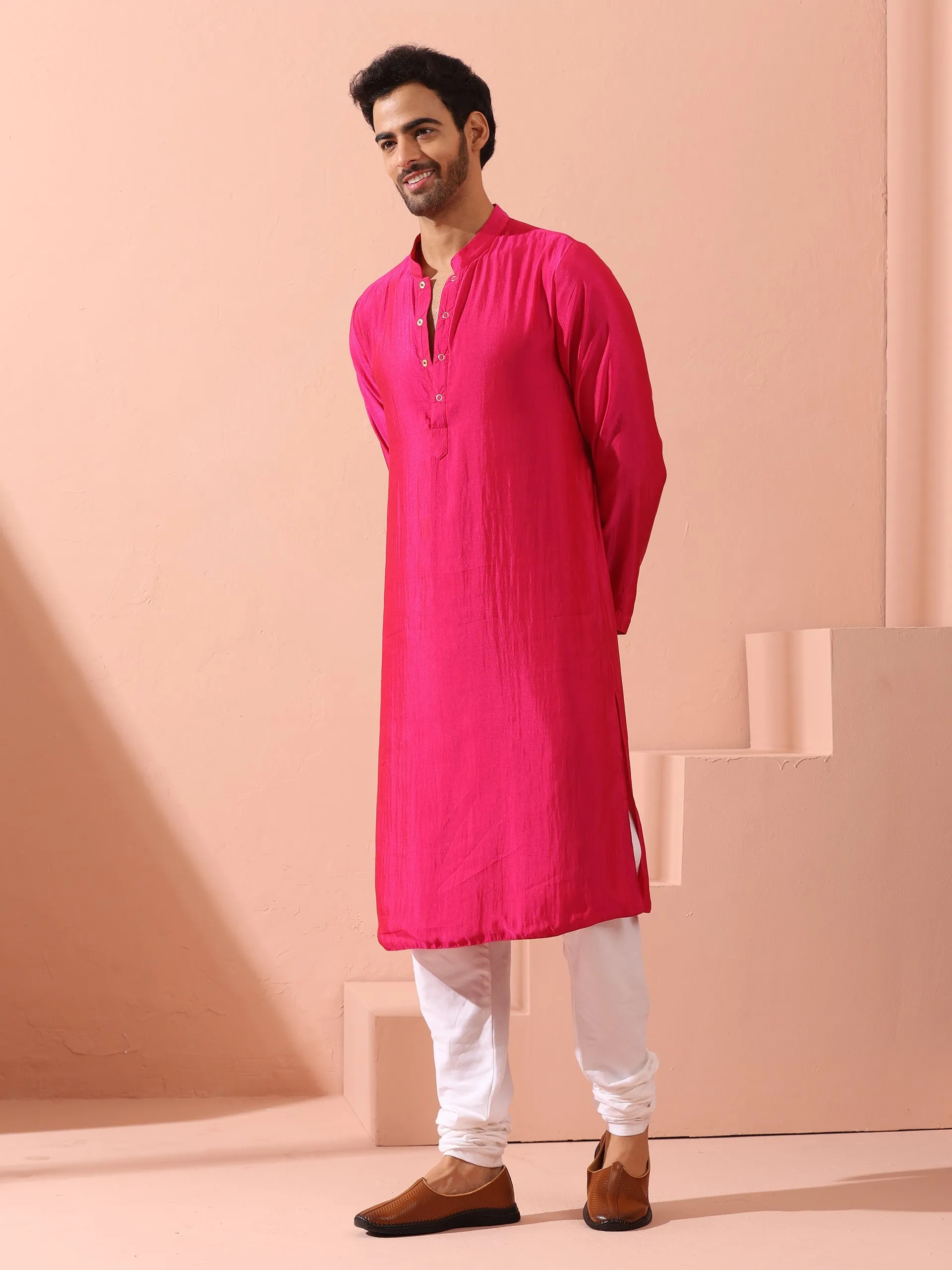 Reversible Romance and Charm Red Pink Satin Kurta With Snaps