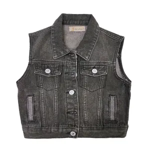 Rhinestone Stripe Denim Vest - Black