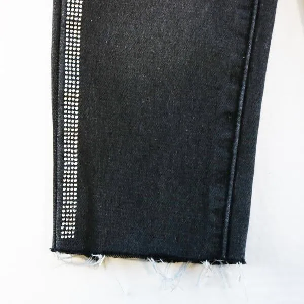 Rhinestone Stripe Wide Jeans -Black