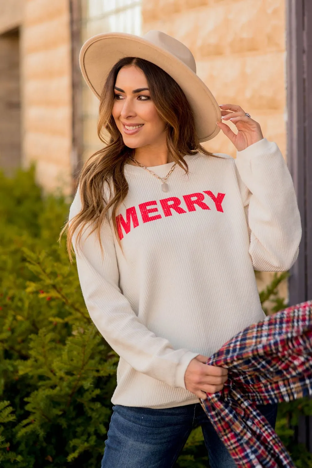 Ribbed MERRY Graphic Crewneck