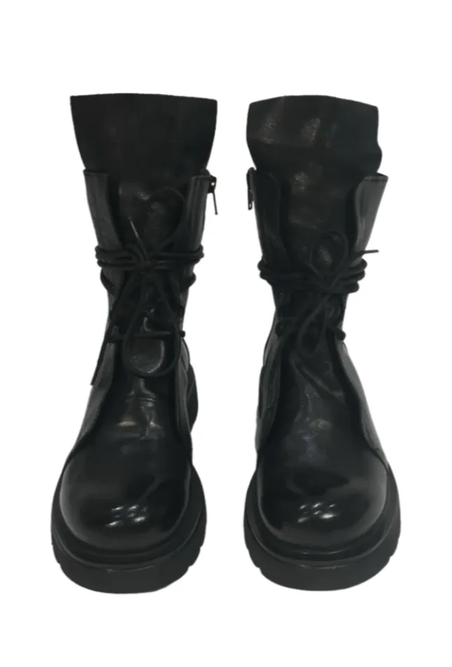 'Ric' Black Leather Lace Up Shiny Boots