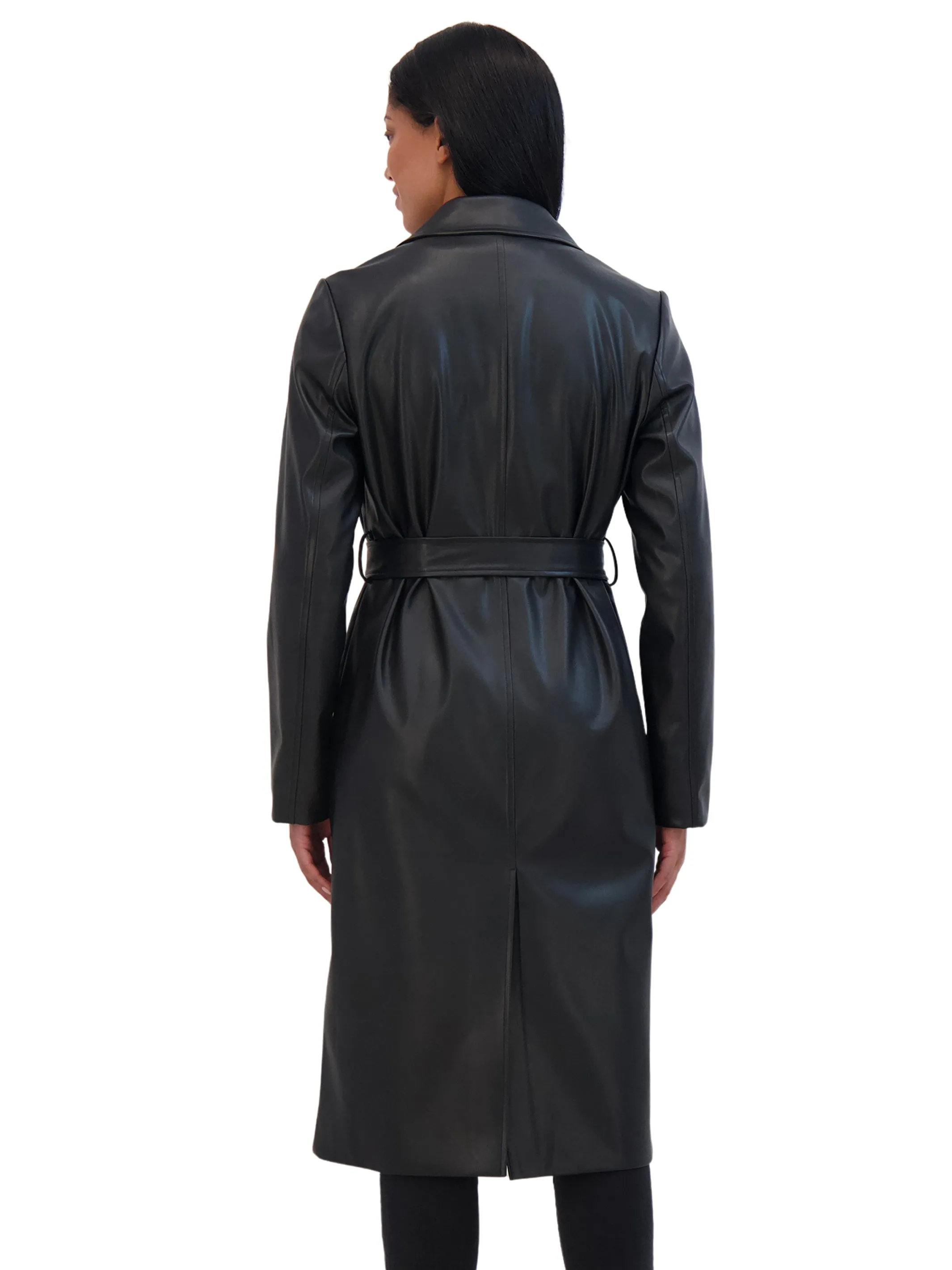 Sebby Collection Belted Snap Front Faux Leather Long Trench Coat