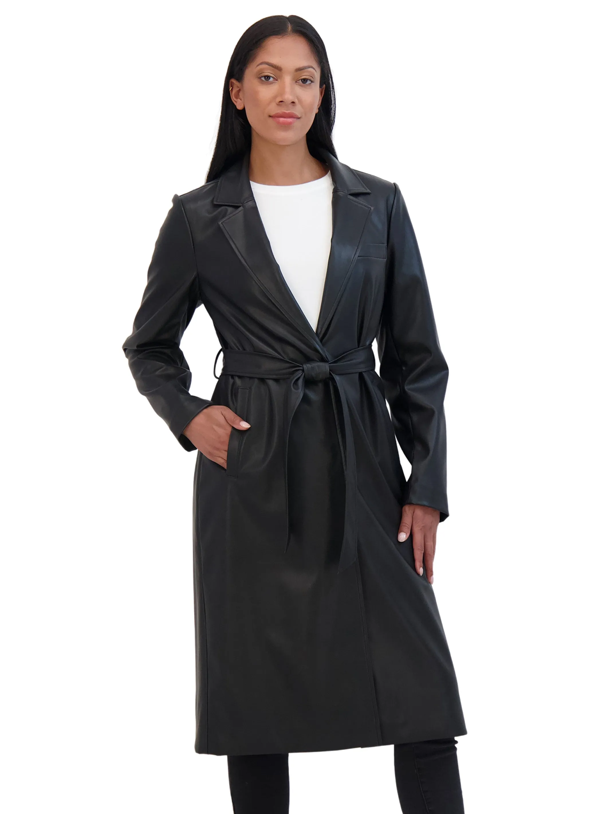 Sebby Collection Belted Snap Front Faux Leather Long Trench Coat