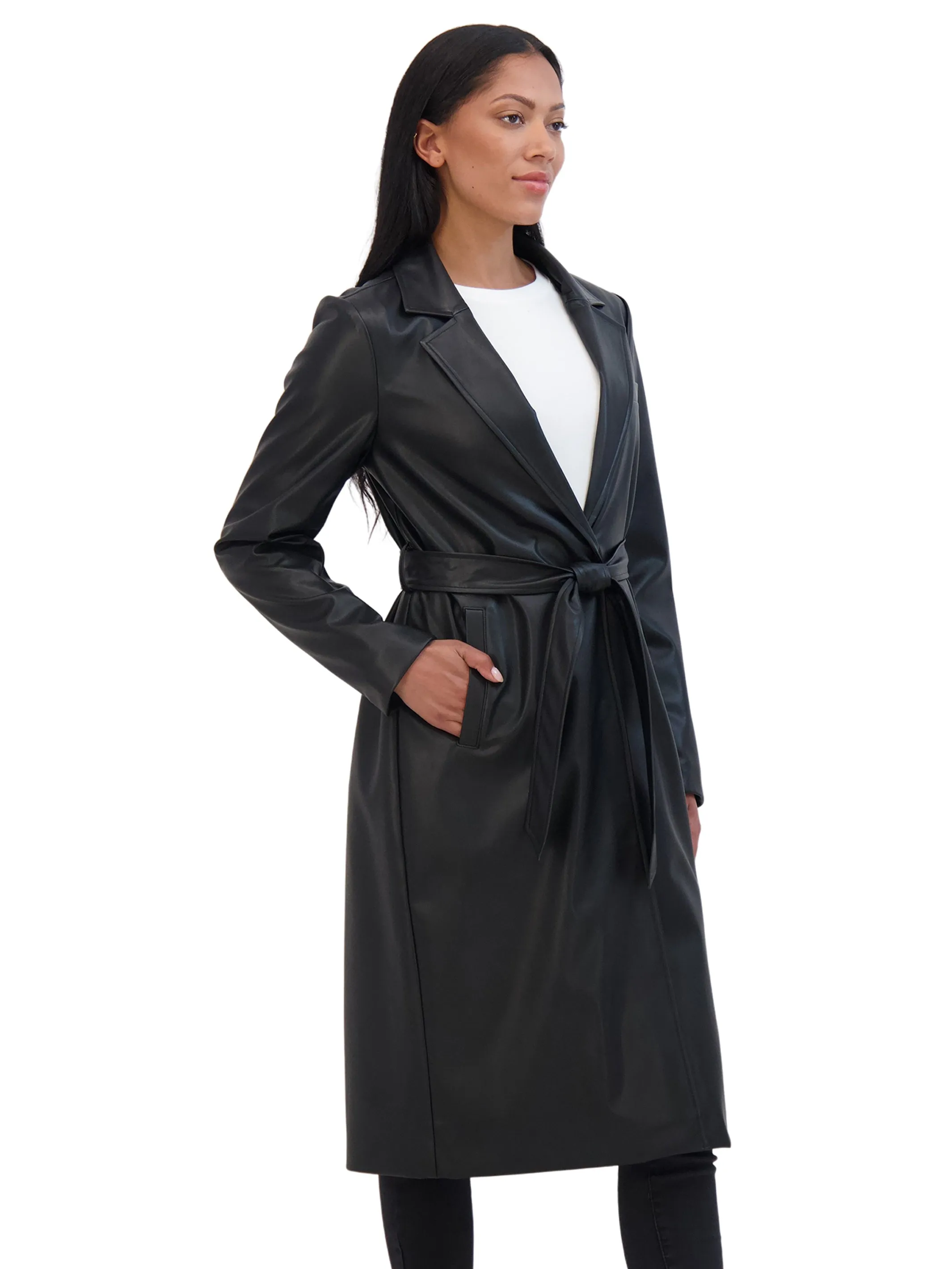 Sebby Collection Belted Snap Front Faux Leather Long Trench Coat