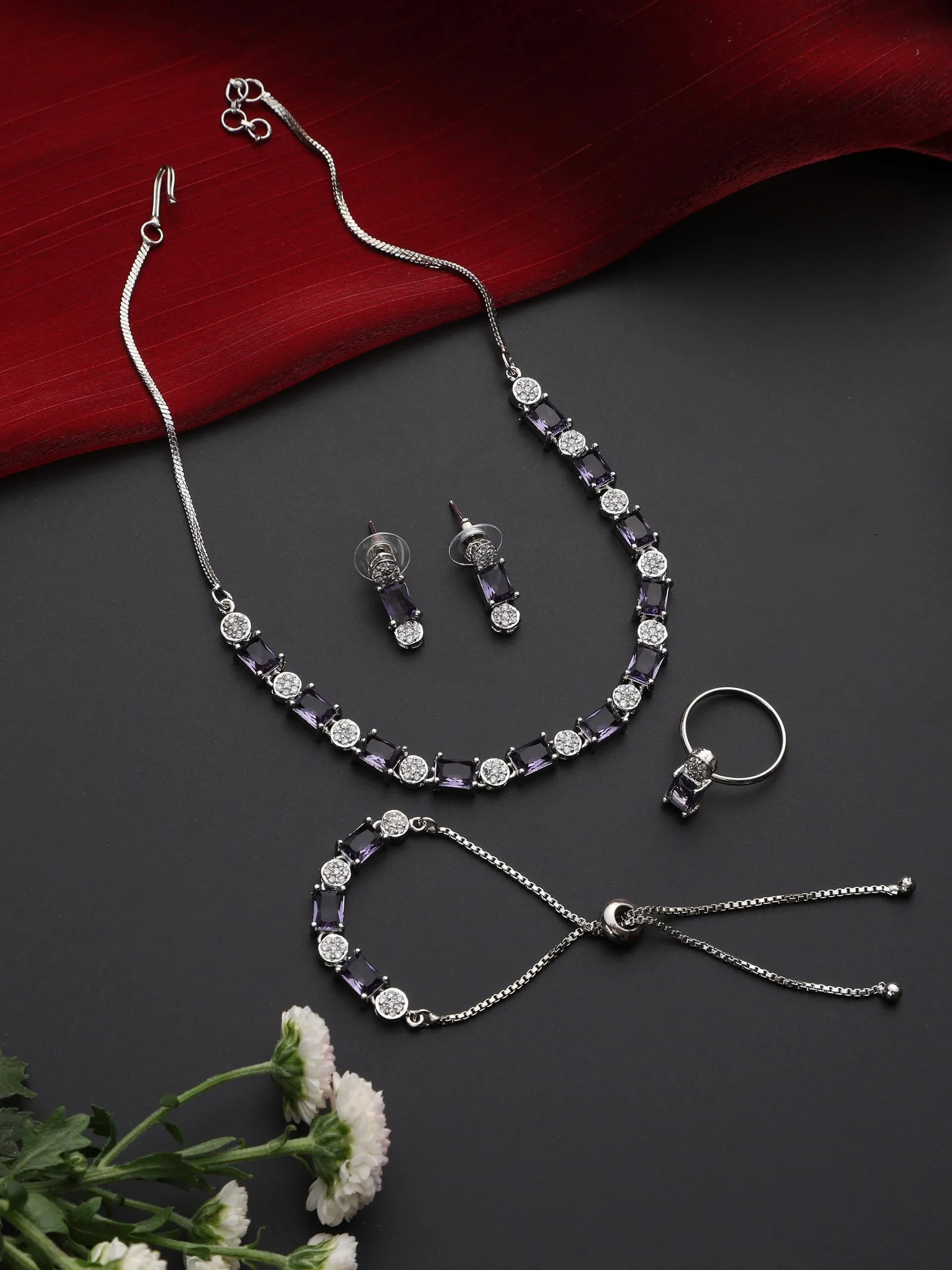 SET - Purple Diamond Necklace, Earring, Ring, Bracelet