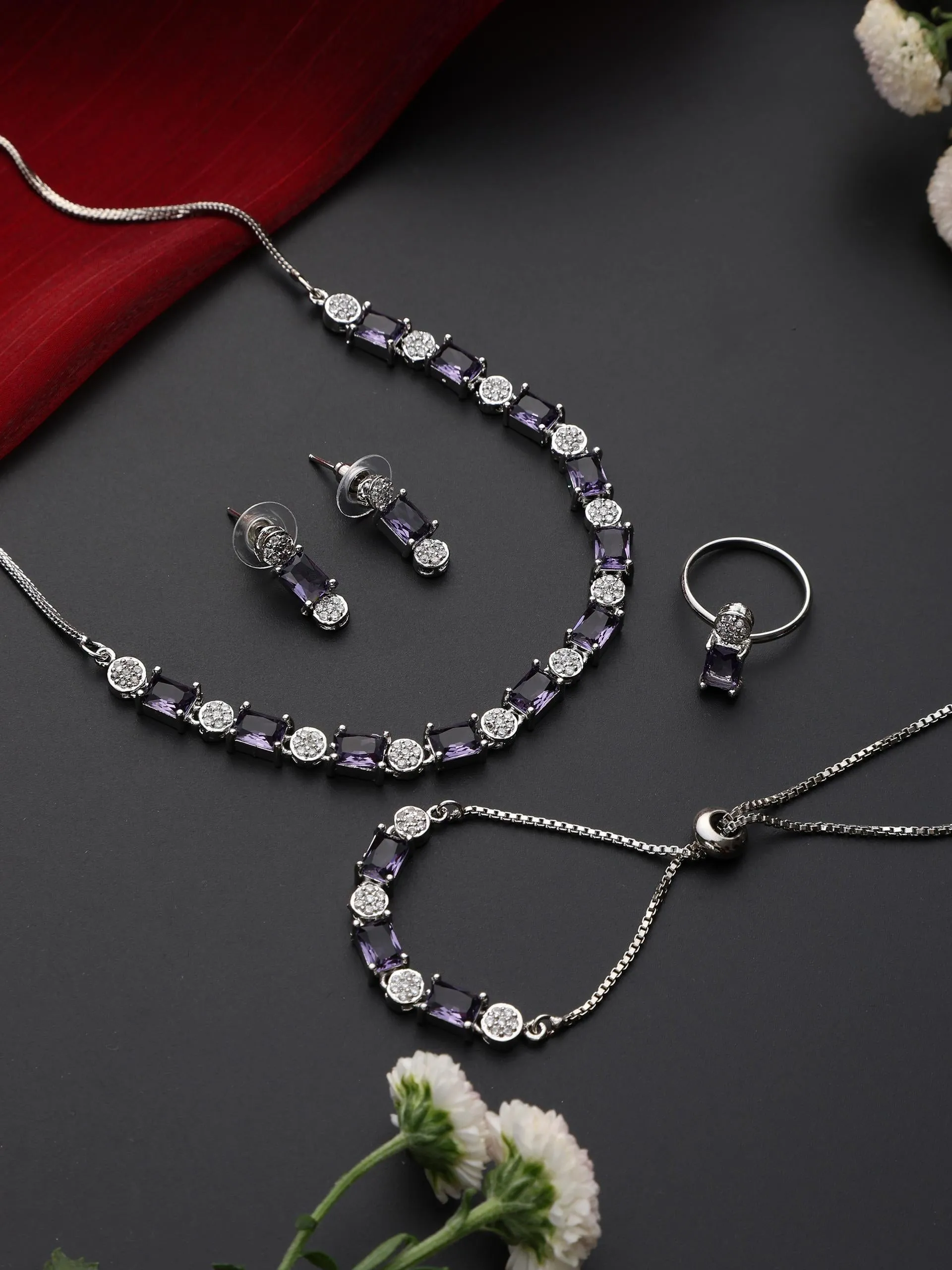 SET - Purple Diamond Necklace, Earring, Ring, Bracelet