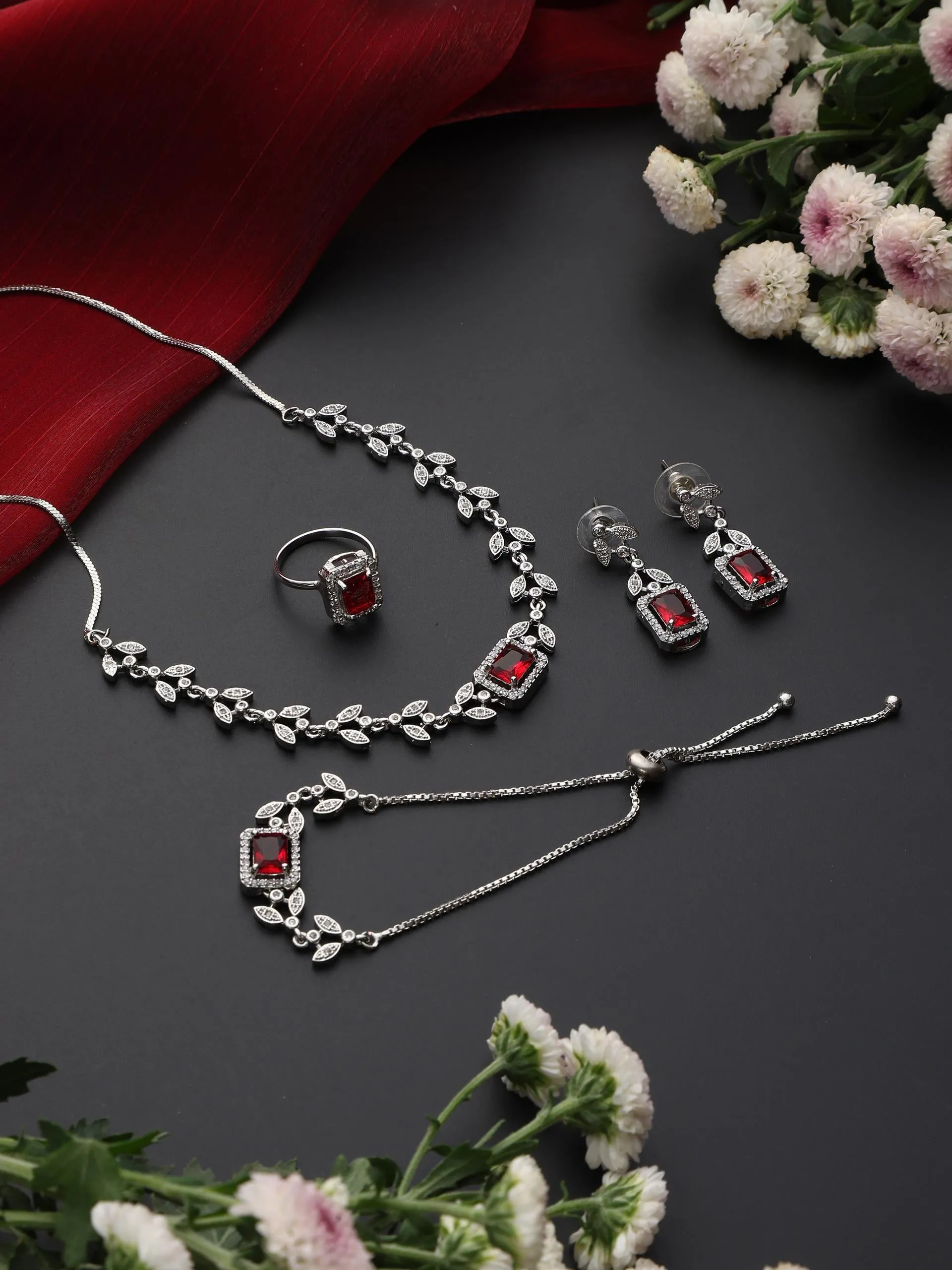 SET - Red Petal Diamond Necklace, Earring, Ring, Bracelet