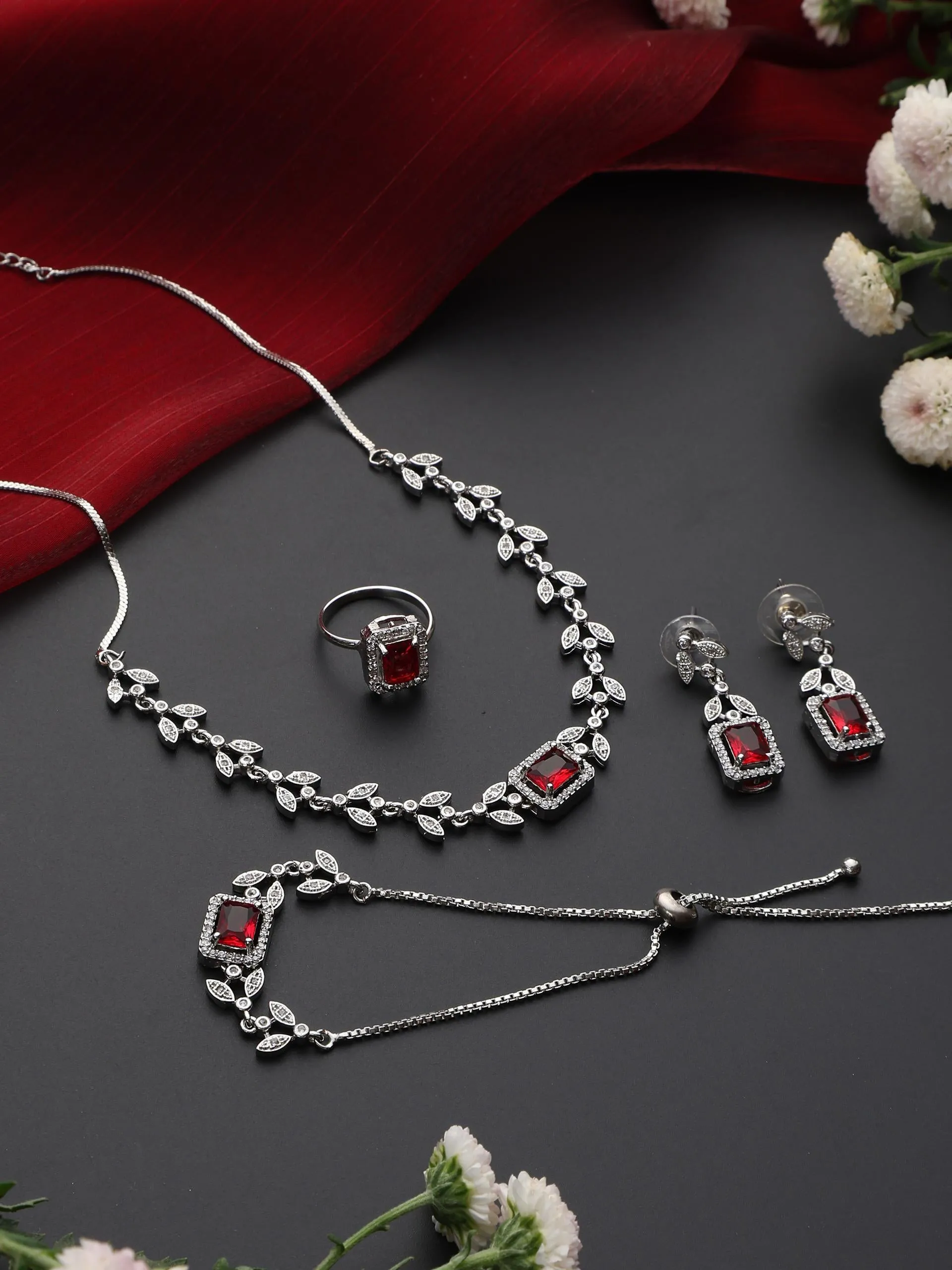 SET - Red Petal Diamond Necklace, Earring, Ring, Bracelet