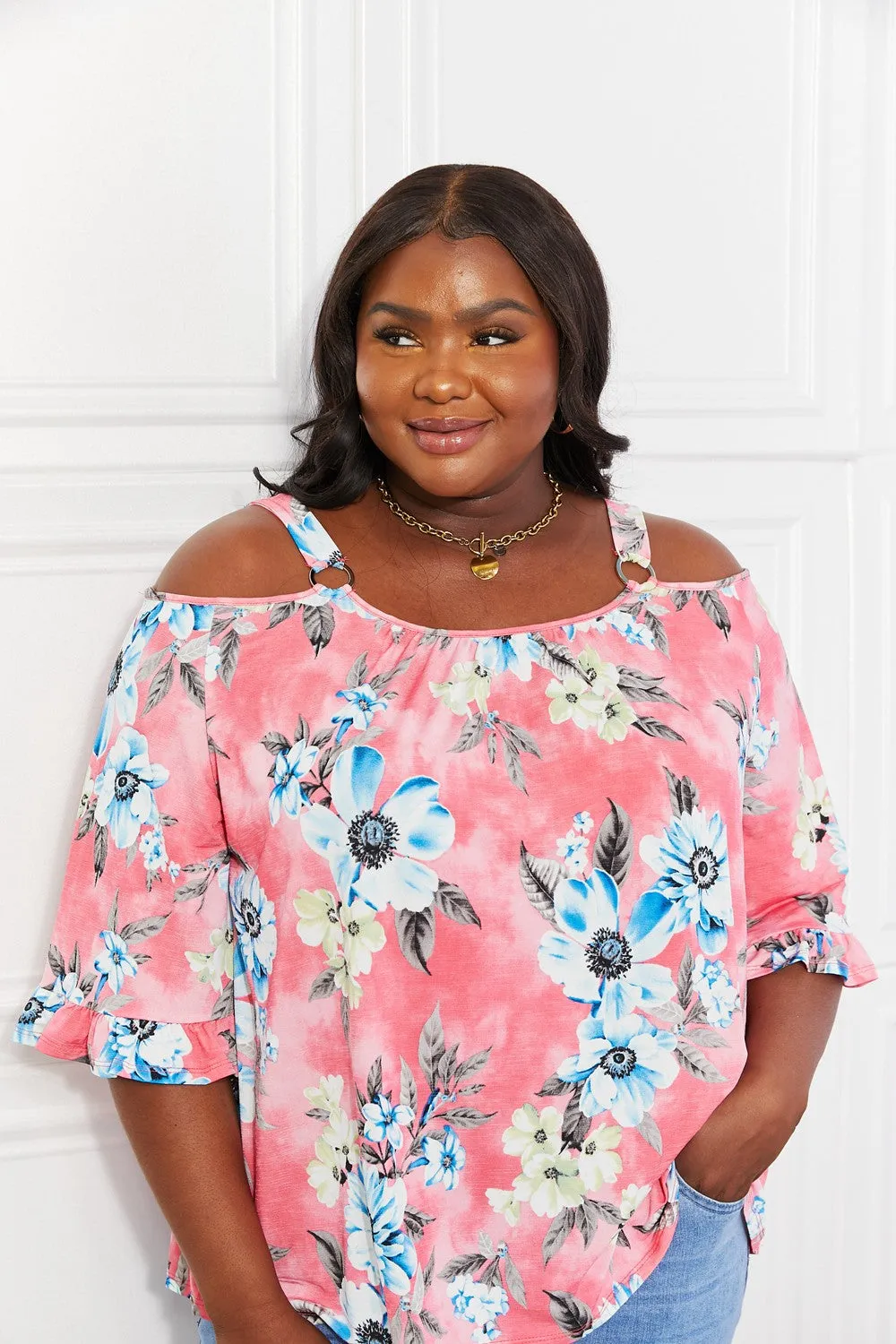 Sew In Love Full Size Fresh Take  Floral Cold-Shoulder Top - Ships from The US