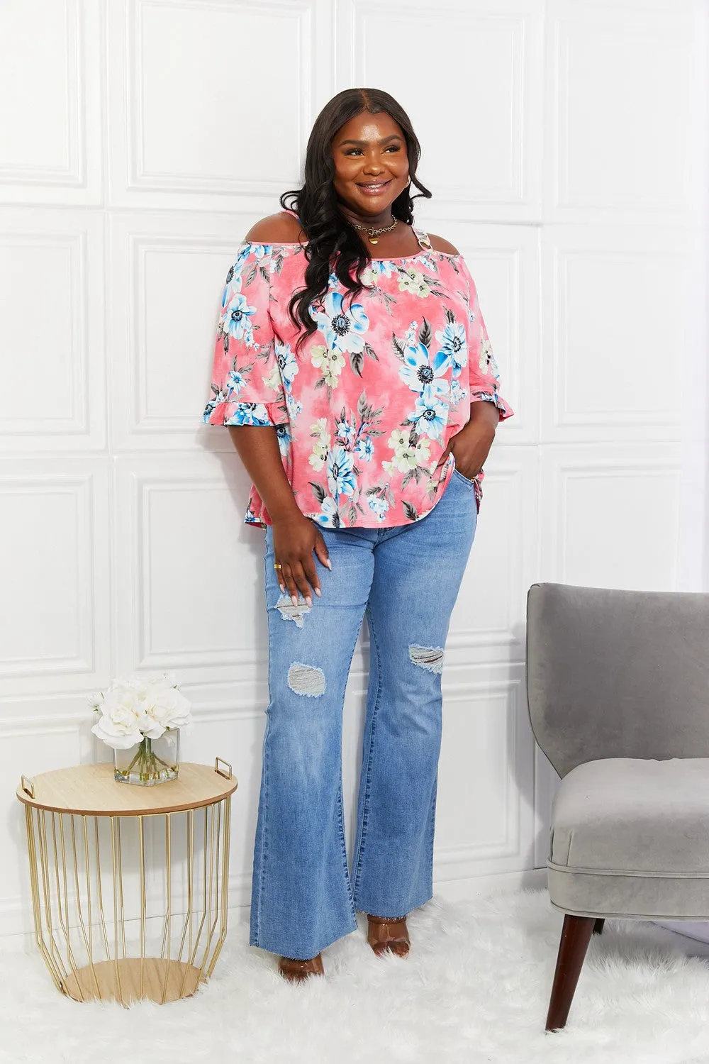 Sew In Love Full Size Fresh Take  Floral Cold-Shoulder Top - Ships from The US