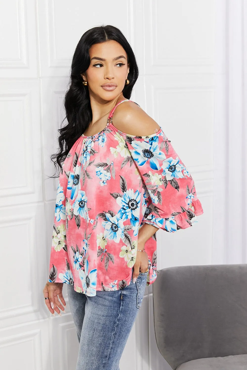 Sew In Love Full Size Fresh Take  Floral Cold-Shoulder Top - Ships from The US