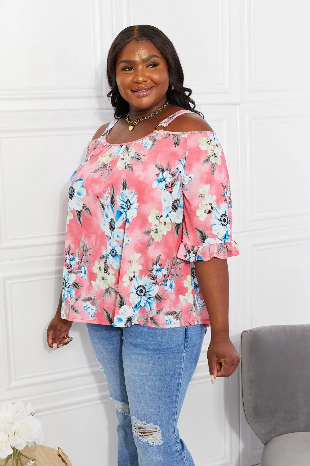 Sew In Love Full Size Fresh Take  Floral Cold-Shoulder Top - Ships from The US