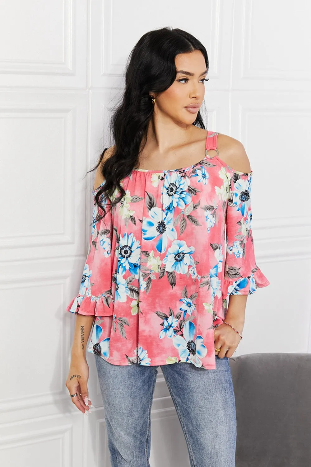 Sew In Love Full Size Fresh Take  Floral Cold-Shoulder Top - Ships from The US