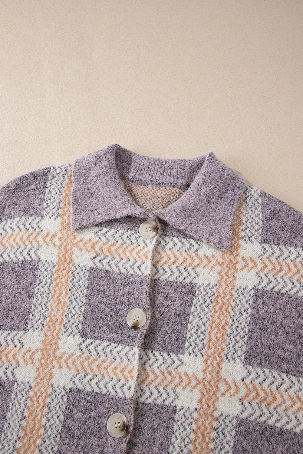 Sky Blue Fuzzy Plaid Collared Button Up Cardigan