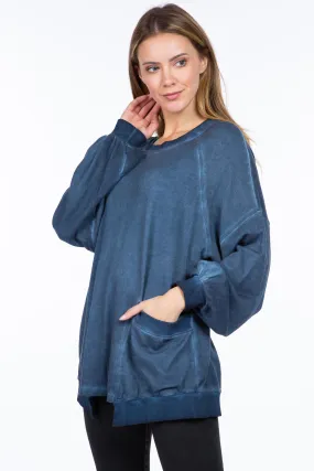 Slouchy Oil-Wash Sweatshirt with Patch Pocket