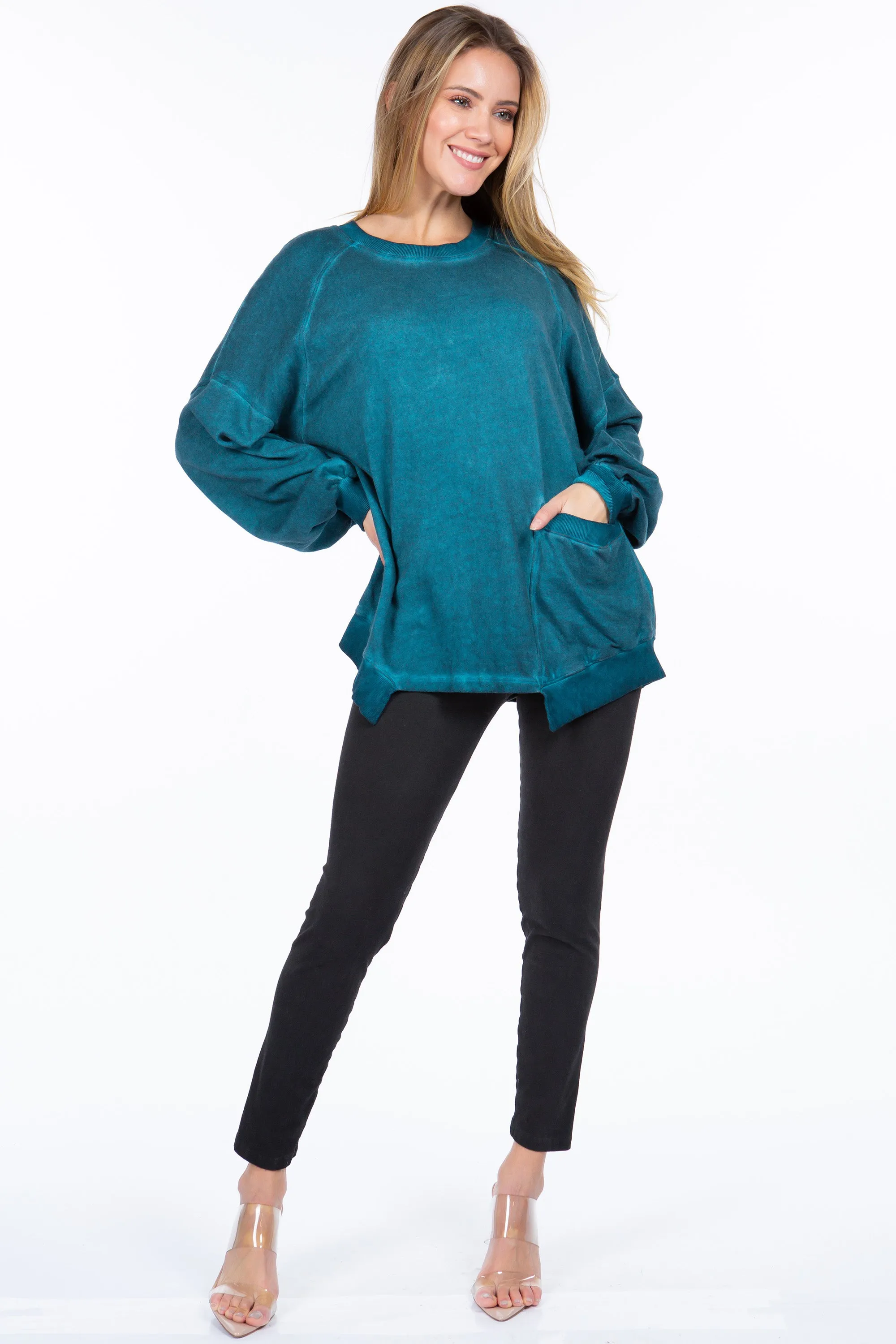 Slouchy Oil-Wash Sweatshirt with Patch Pocket