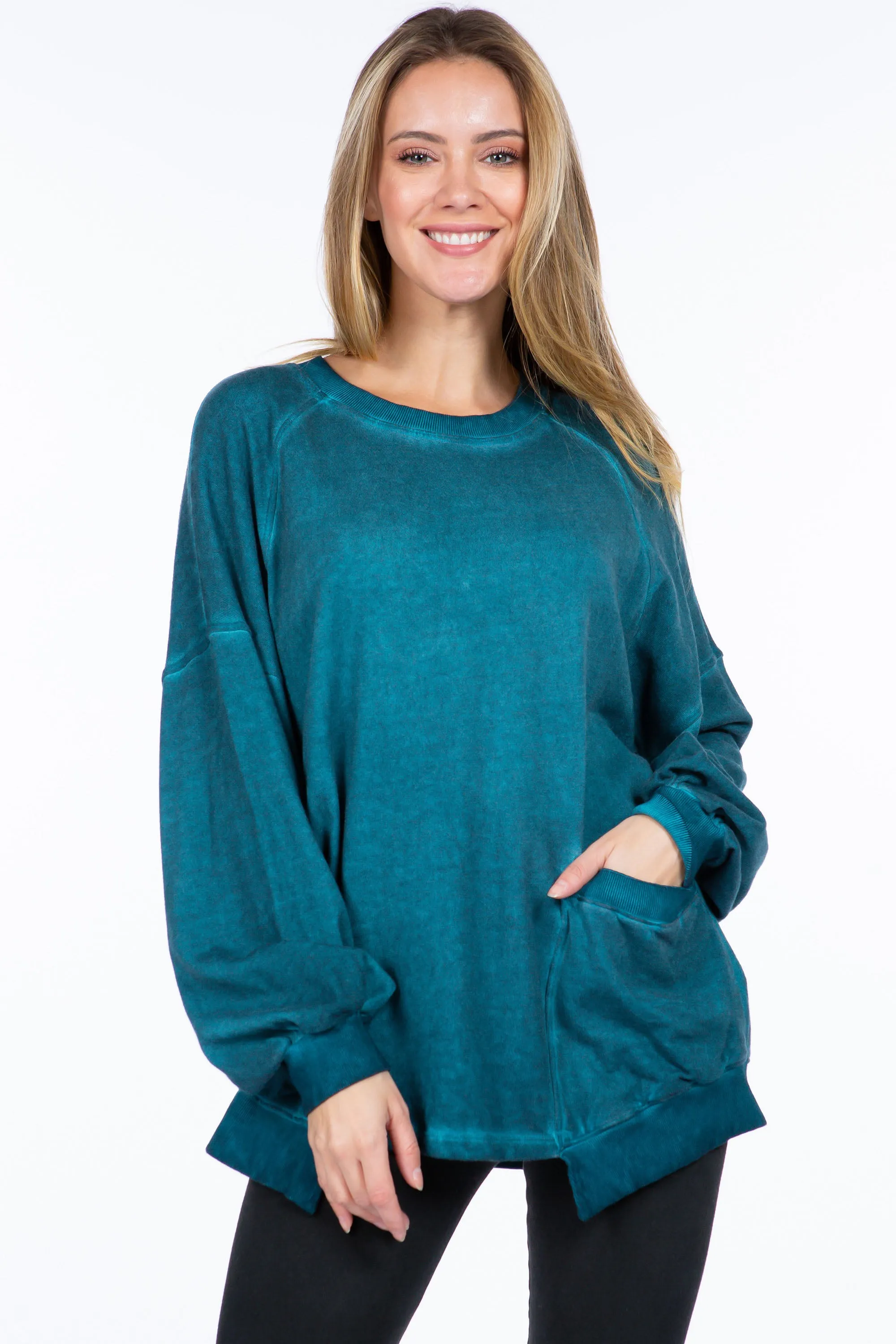 Slouchy Oil-Wash Sweatshirt with Patch Pocket