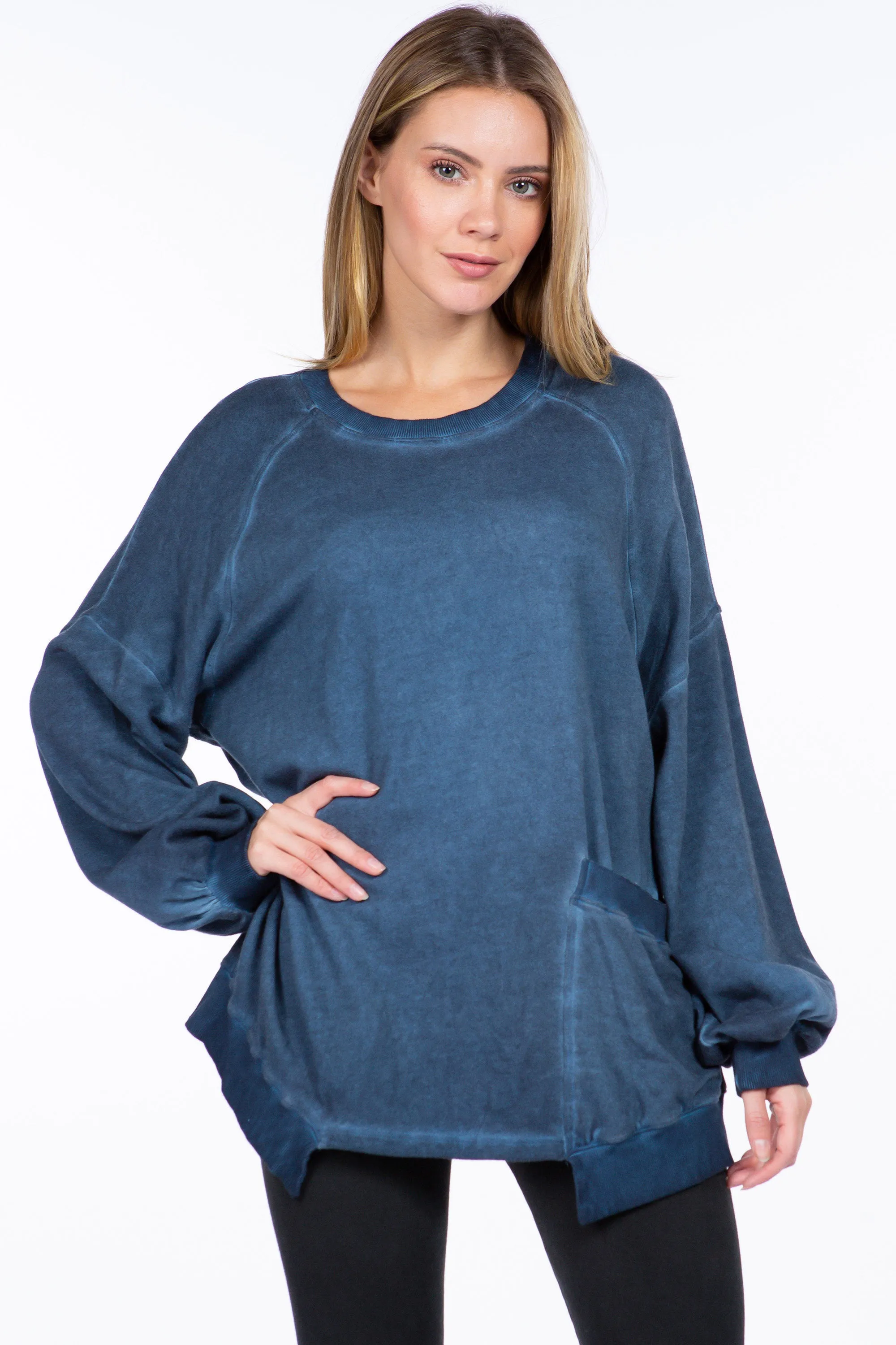 Slouchy Oil-Wash Sweatshirt with Patch Pocket