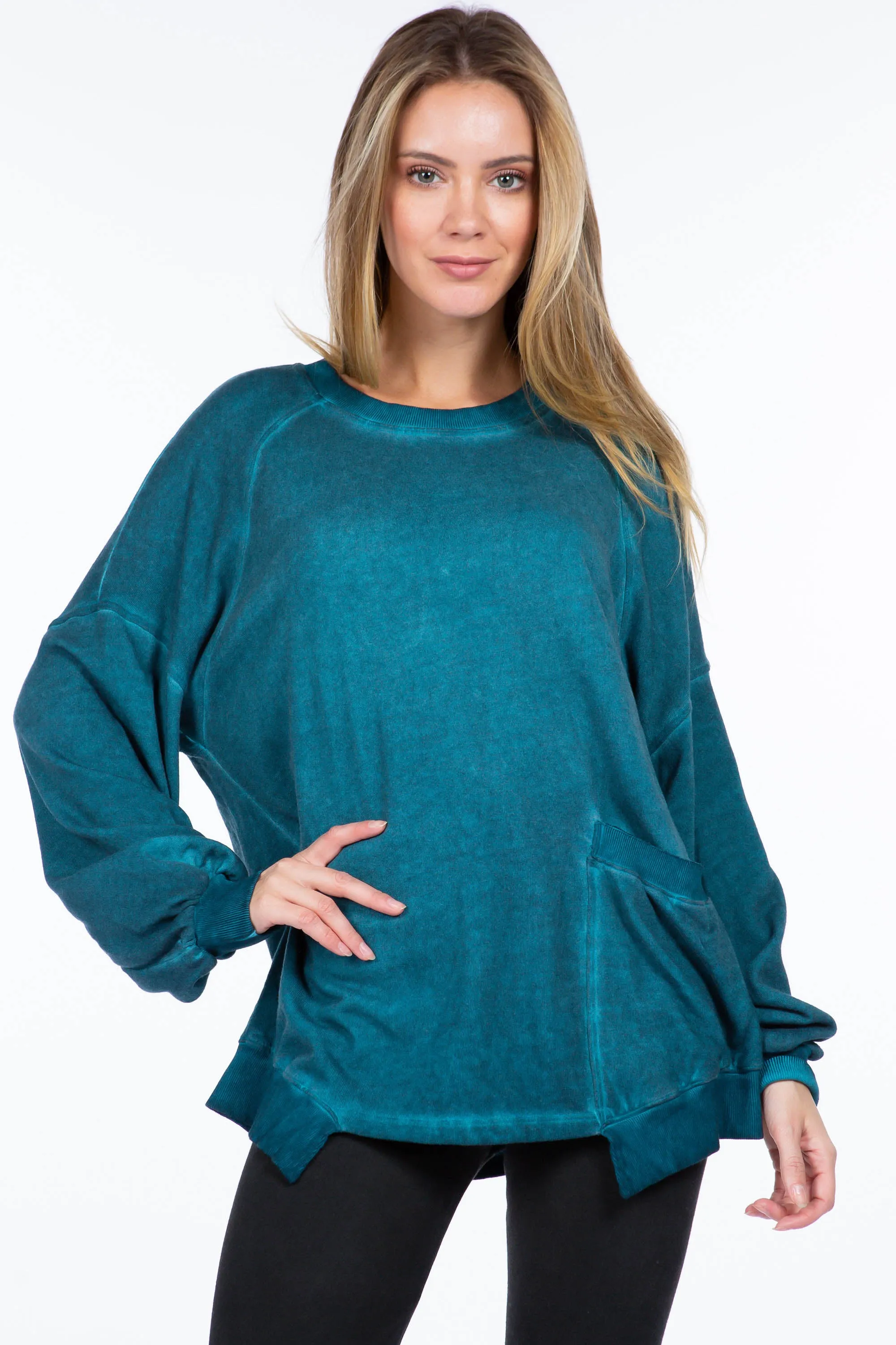 Slouchy Oil-Wash Sweatshirt with Patch Pocket