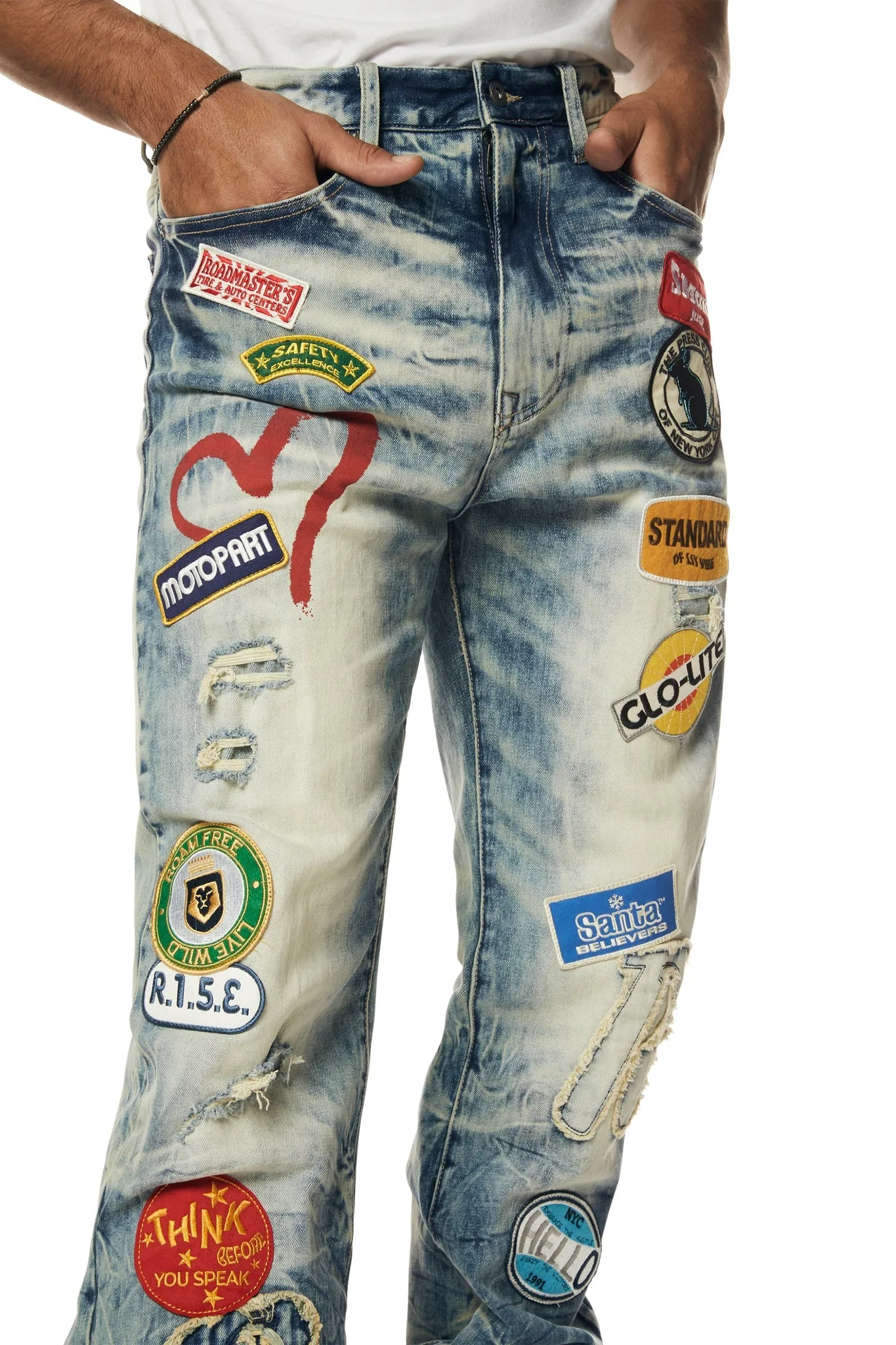 Smoke Rise Men's Multi Embroidered Patched Retro Denim Jeans