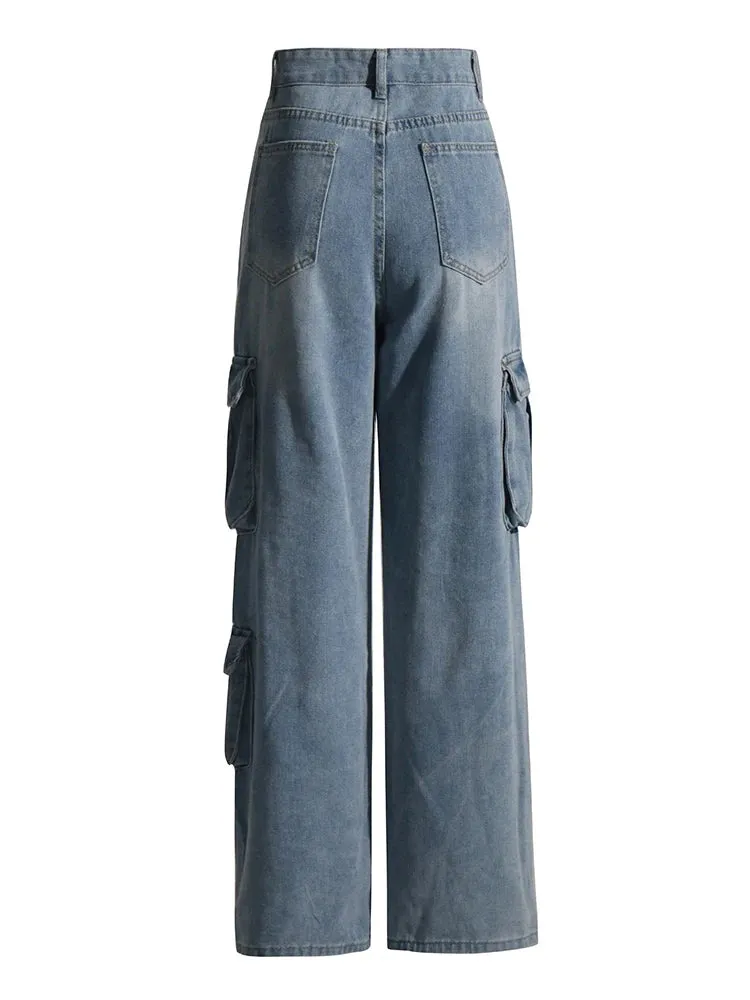 Spliced Pockets Minimalist Denim Wide Leg Pants For Women High Waist Patchwork Button Loose Casual Jeans Female New