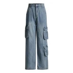 Spliced Pockets Minimalist Denim Wide Leg Pants For Women High Waist Patchwork Button Loose Casual Jeans Female New