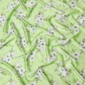 Spring Blossom Silk Satin Fabric - Fresh Green Italian Print, 140cm Wide - Shop Online-D18323