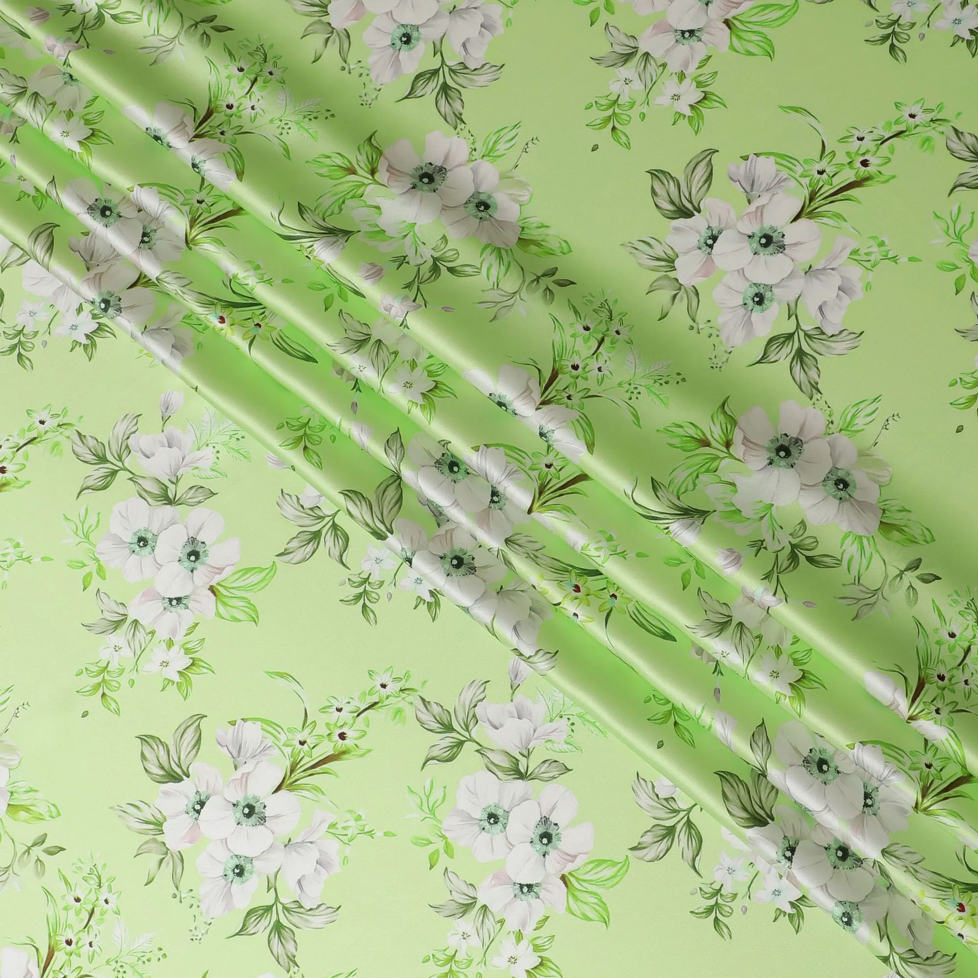 Spring Blossom Silk Satin Fabric - Fresh Green Italian Print, 140cm Wide - Shop Online-D18323