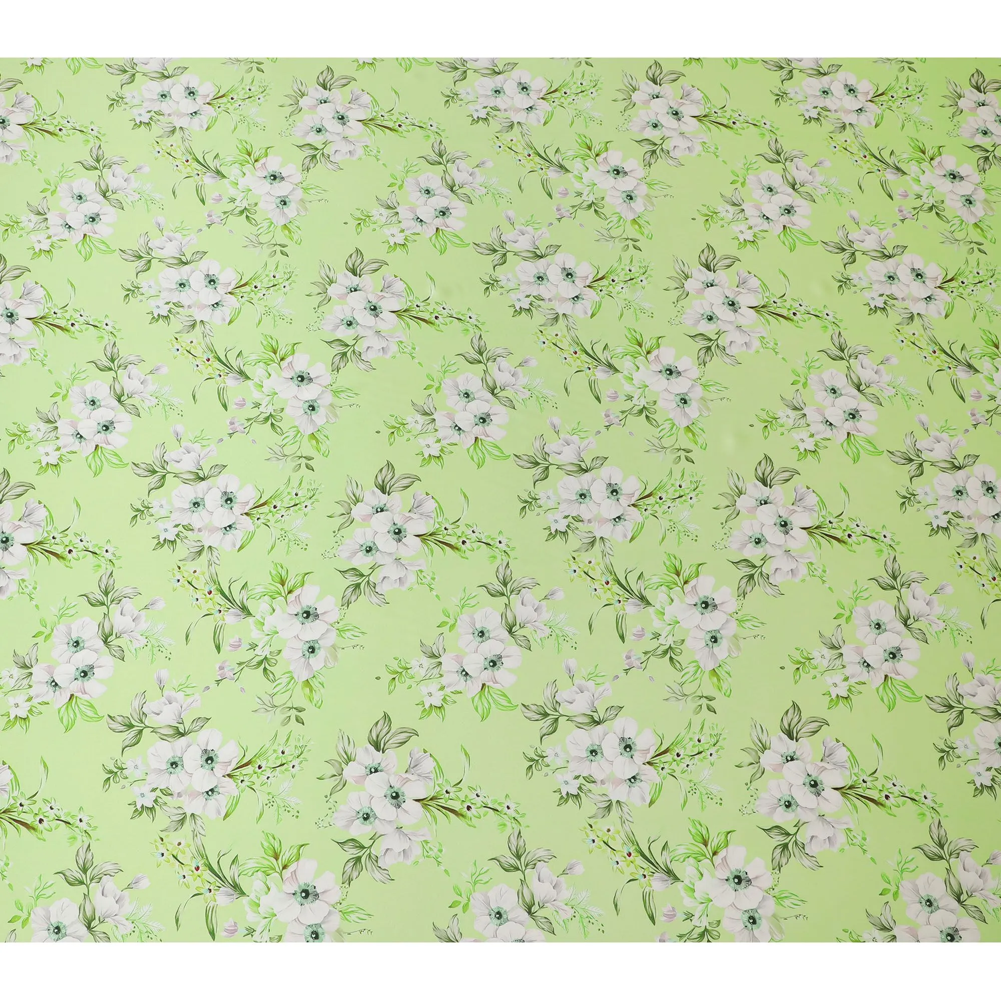 Spring Blossom Silk Satin Fabric - Fresh Green Italian Print, 140cm Wide - Shop Online-D18323