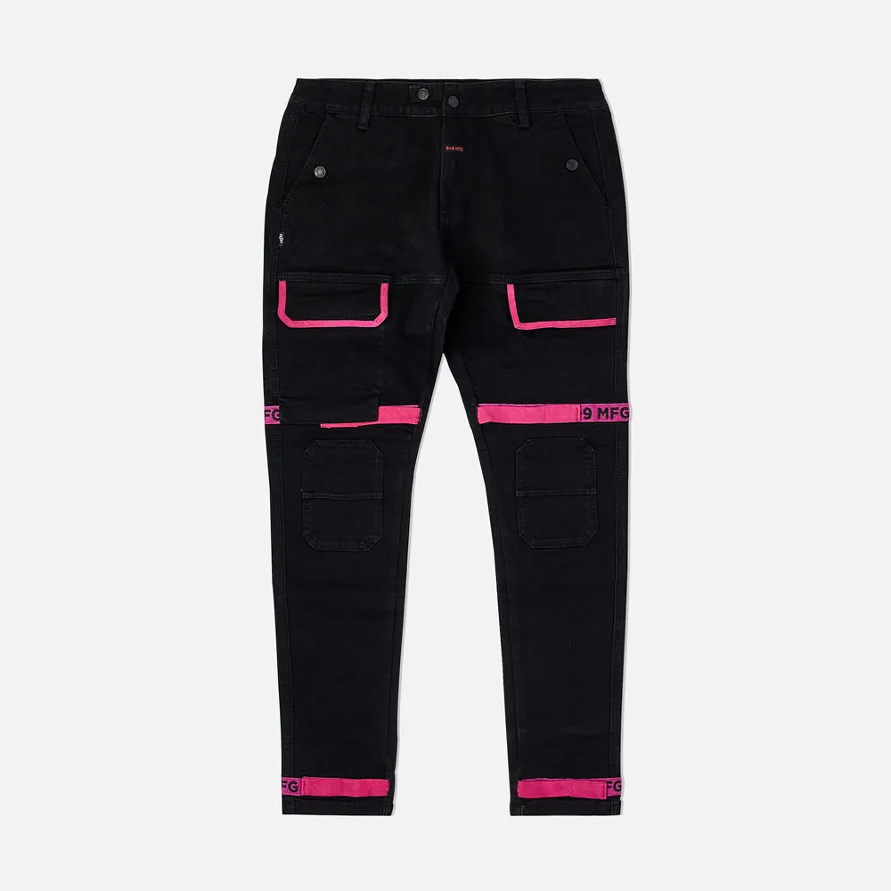 Strapped Up Slim Jet Black Denim Jeans Pink Straps