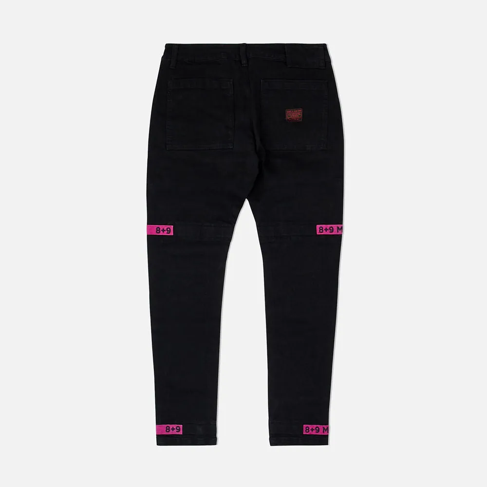 Strapped Up Slim Jet Black Denim Jeans Pink Straps