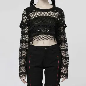 Streetwear Gothic Punk Style Fishnet Top Smock Summer T shirt Women Buckle See Through Pullover Dark Academia Shirts