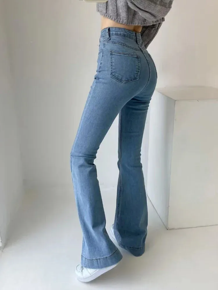 Streetwear High Summer Fashion Flare Waisted Long Bodycon Elastic Blue Jeans