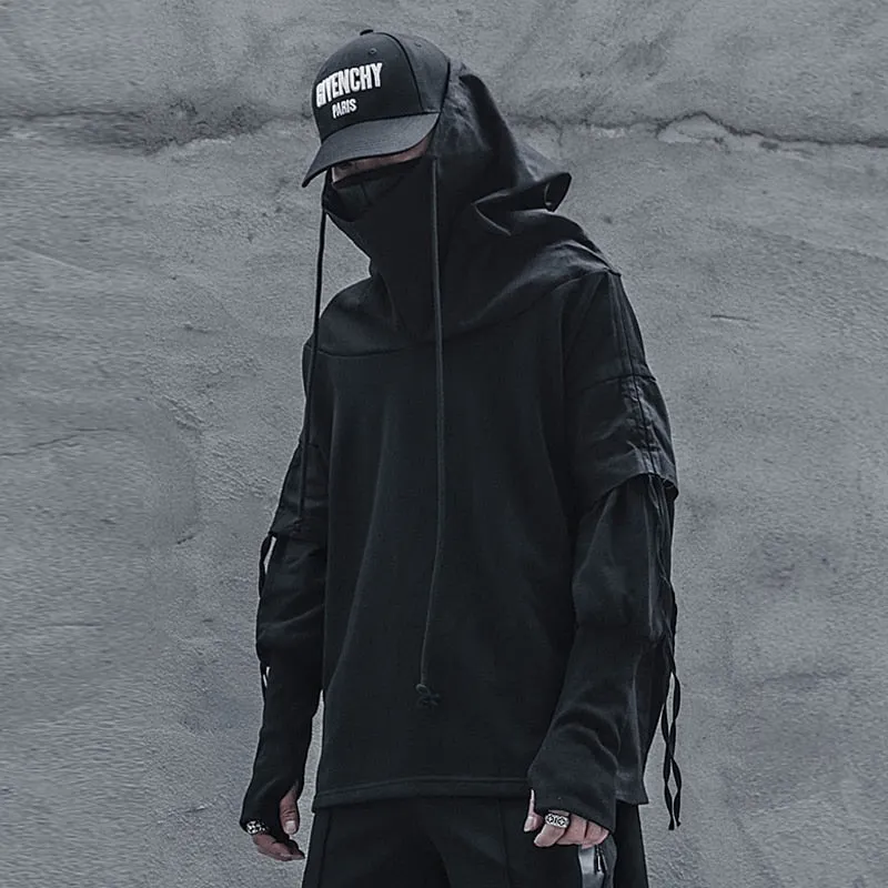 Streetwear Men Loose Hoodies Hip Hop Batwing Sleeve Wizard's Pullover Fake Two Darkwear Tops Techwear Sweatshirt Black WB227