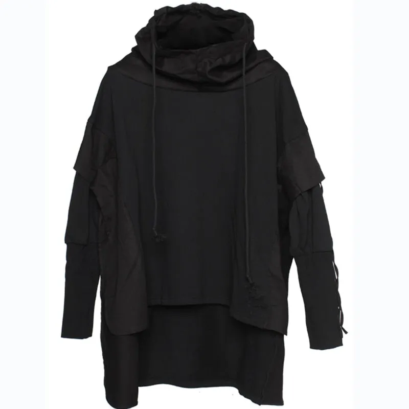 Streetwear Men Loose Hoodies Hip Hop Batwing Sleeve Wizard's Pullover Fake Two Darkwear Tops Techwear Sweatshirt Black WB227