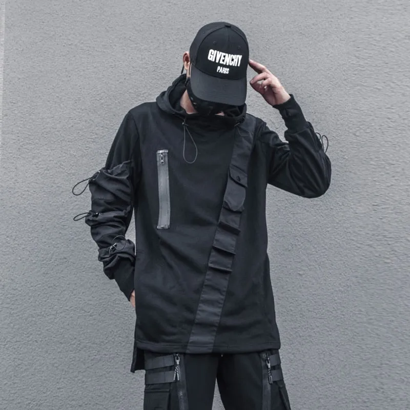 Techwear Harajuku Hoodie and Sweatshirt Men Autumn Multi-pocket Cotton Pullover Hip Hop Streetwear Hoodies Black WB224