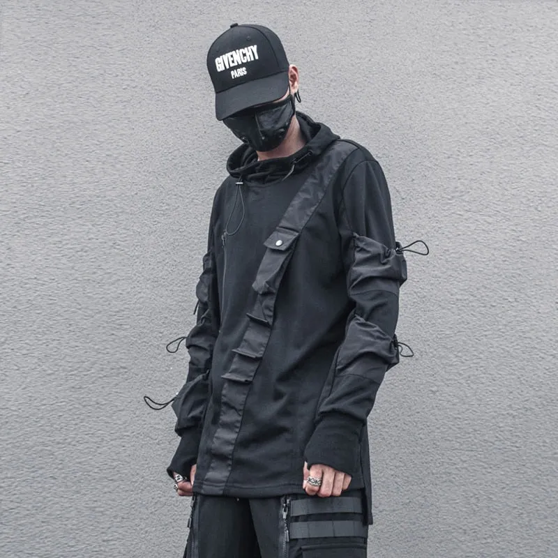 Techwear Harajuku Hoodie and Sweatshirt Men Autumn Multi-pocket Cotton Pullover Hip Hop Streetwear Hoodies Black WB224