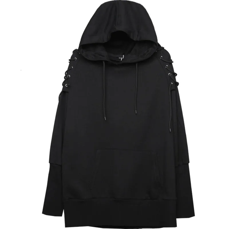 Techwear Harajuku Hoodie and Sweatshirt Men Drawstring Design Cotton Pullover Hip Hop Streetwear Black Clothing Tops WB258