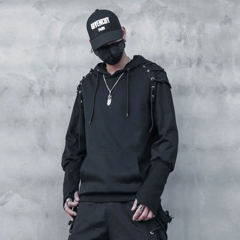 Techwear Harajuku Hoodie and Sweatshirt Men Drawstring Design Cotton Pullover Hip Hop Streetwear Black Clothing Tops WB258