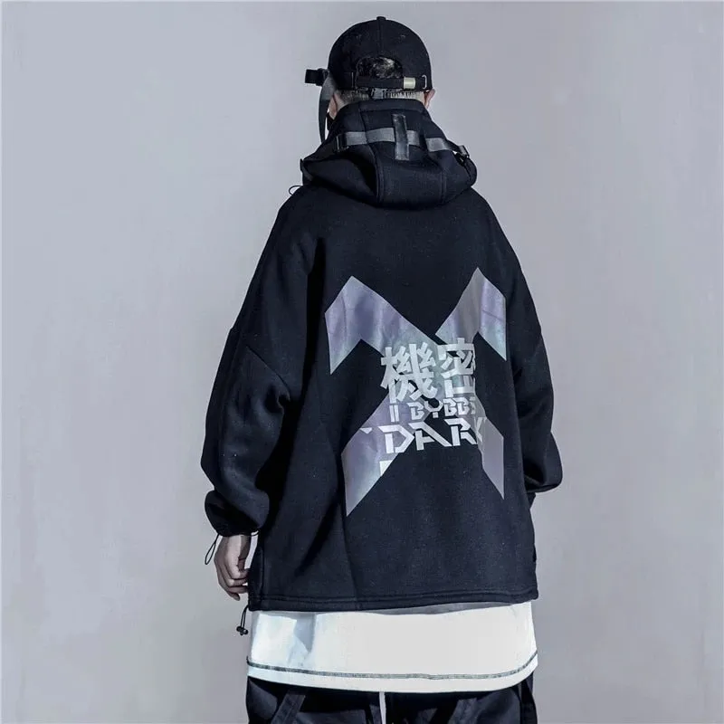 Techwear Harajuku Hoodies Men Ribbon Design Pullover Hip Hop Streetwear Hoodies Sweatshirts WB143