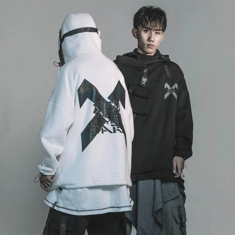 Techwear Harajuku Hoodies Men Ribbon Design Pullover Hip Hop Streetwear Hoodies Sweatshirts WB143