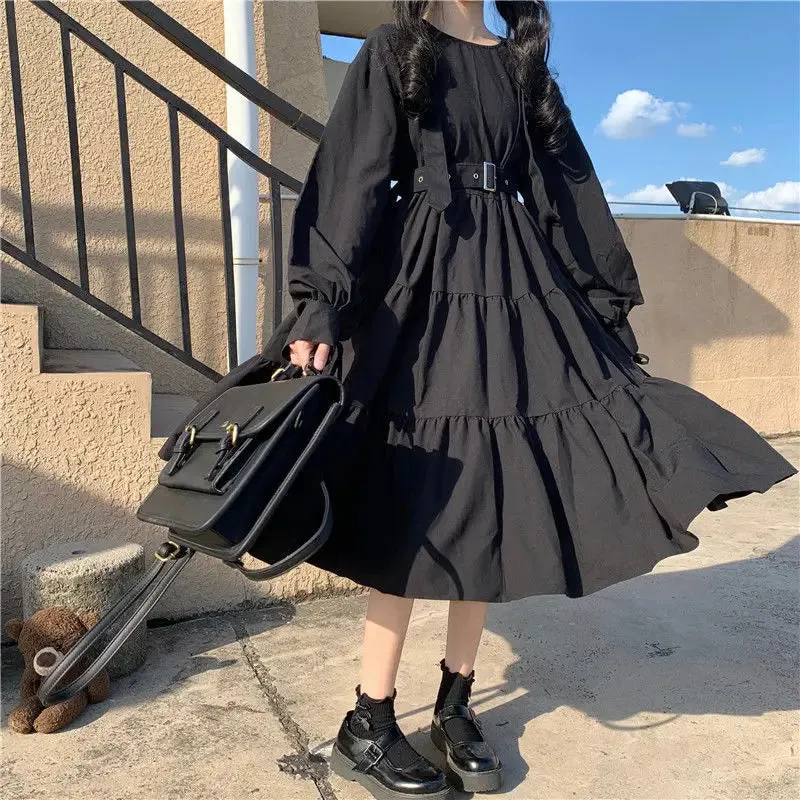 Toleet-Gothic Style Dress Women Mall Goth Harajuku Emo Kawaii Dress Gothic Punk Japanese Cute Long Sleeve Black Midi Dress