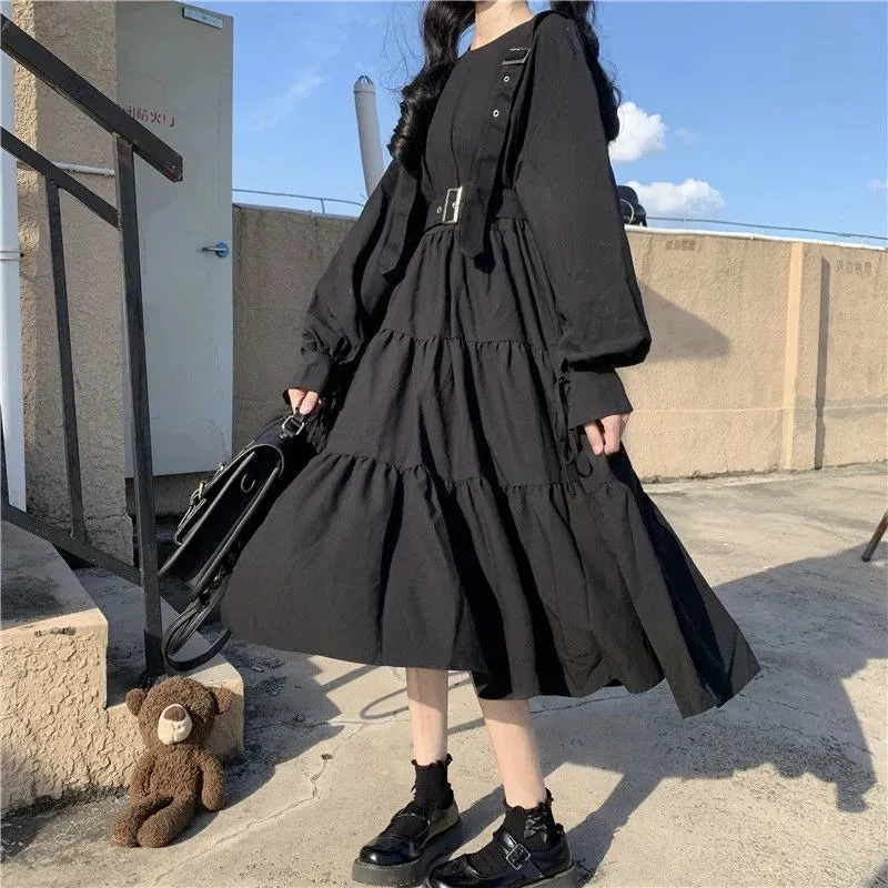 Toleet-Gothic Style Dress Women Mall Goth Harajuku Emo Kawaii Dress Gothic Punk Japanese Cute Long Sleeve Black Midi Dress