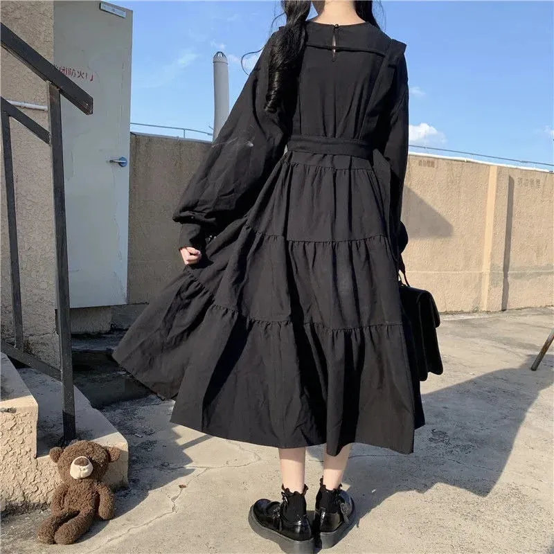 Toleet-Gothic Style Dress Women Mall Goth Harajuku Emo Kawaii Dress Gothic Punk Japanese Cute Long Sleeve Black Midi Dress