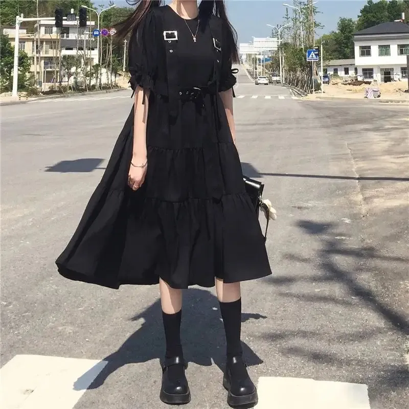 Toleet-Gothic Style Dress Women Mall Goth Harajuku Emo Kawaii Dress Gothic Punk Japanese Cute Long Sleeve Black Midi Dress