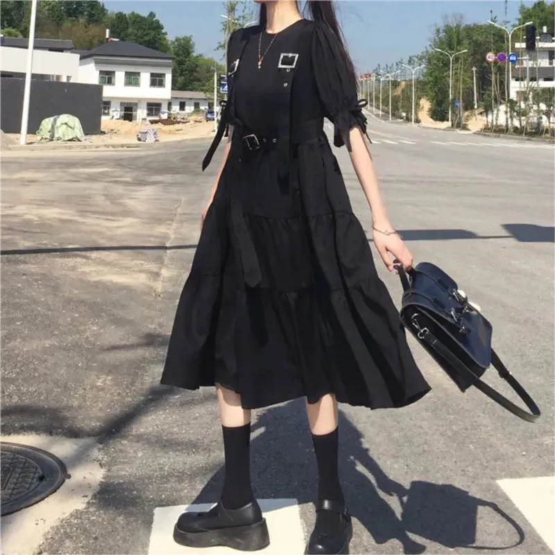 Toleet-Gothic Style Dress Women Mall Goth Harajuku Emo Kawaii Dress Gothic Punk Japanese Cute Long Sleeve Black Midi Dress