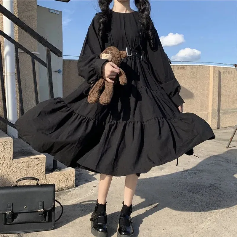 Toleet-Gothic Style Dress Women Mall Goth Harajuku Emo Kawaii Dress Gothic Punk Japanese Cute Long Sleeve Black Midi Dress